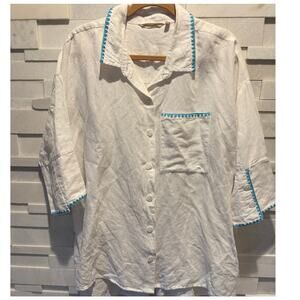 SOFT SURROUNDINGS Linen Cotton Button Front 3/4 Sleeve Blue Embroidered Top XL